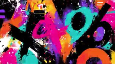 Soyut grafiti mektupları, arka planda kaotik renkli boya darbeleri, anlamlı sokak sanatı tipografisi, kalın fırça izleri, parlak pembe turuncu şekiller, ham şehir sanat dokusu.