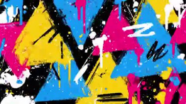 Soyut graffiti üçgenleri, koyu sarı mavi boya darbeleri, el çizimi geometrik şekiller, kaba fırça dokusu, sokak sanatı tarzı, kaotik renk sıçratma kompozisyonu.