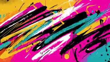 Soyut dinamik fırça arka planı pembe sarı turkuaz ve siyah boya ile çizer, hızlı hareket vuruşları, canlı grafiti tarzı doku