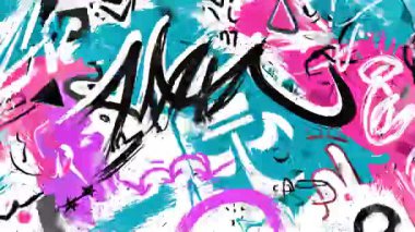 Graffiti sembolleri ve el çizimleri arka planda siyan pembe beyaz ve siyah boya, anlamlı şehir karalama dokusu, soyut sokak sanatı deseni