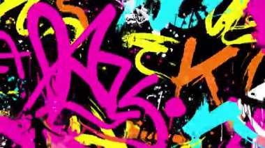 Grafiti karalama arka planı neon rengi sarı turkuaz ve siyah boya etiketleri, kaotik sokak sanatı kompozisyonu, kalın sprey boya dokusu