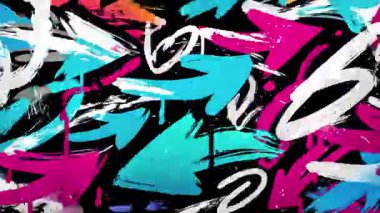 Soyut grafiti fırça darbeleri arka planda keskin zigzag şekilleri, neon pembe turkuaz ve beyaz boya izleri, kaba sokak sanatı dokusu, dinamik el boyası sıçramaları.