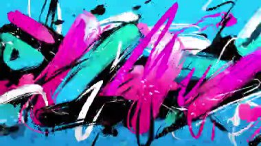 Cyan arka plan üzerinde soyut grafiti fırça darbeleri sıcak pembe boya, siyah lekeler, beyaz çizikler, anlamlı sokak sanatı dokusu, enerjik şehir grunge animasyon arka planı