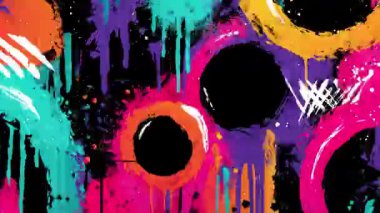 Soyut grafiti boya çemberleri, damlayan neon lekeleri, grunge sokak sanat dokusu, renkli mürekkep damlaları, şehir spreyi tarzı arka plan, anlamlı el boyaları.