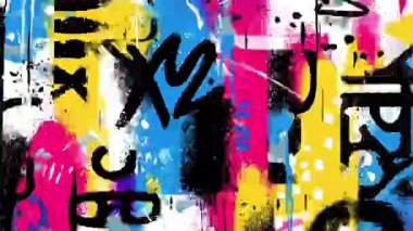 Semboller, tabelalar ve kaba boya katmanları, renkli sokak sanatı dokusu, dışavurumsal grunge kompozisyonu içeren soyut duvar yazıları.