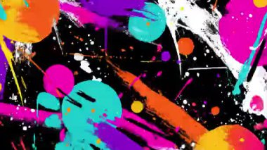 Soyut renkli boya sıçramaları ve koyu arkaplanda daireler, anlamlı grafiti tarzı kompozisyon, canlı şehir sanat dokusu animasyon arka plan
