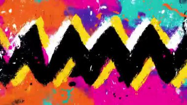Siyah merkezi felçli kalın zigzag boya deseni, renkli grunge arkaplan, el çizimi soyut grafiti deseni, dışavurumcu fırça çizgileri, sokak sanatı kompozisyonu