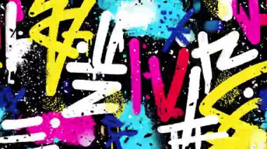 Siyah arkaplanda renkli grafiti sembolleri ve zigzag vuruşları, el çizimi sokak sanatı deseni, anlamlı boya izleri, koyu renkli soyut şehir dokusu ve kaotik kompozisyon