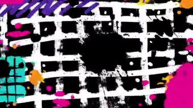 Soyut grunge graffiti arka planı, siyah yüzey üzerinde kaba beyaz ızgara, el çizimi sokak sanatı dokusu, sıkıntılı boya çizgileri, çizik bloklar, kentsel duvar deseni, yüksek kontrast mürekkep darbeleri, ham sanatsal tuval