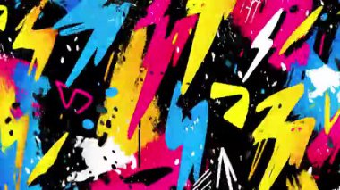 Soyut grafiti yıldırımları arka plan şekilleri, el çizimi zikzak boyası sembolleri, kalın sarı ve pembe vuruşlar, anlamlı sokak sanatı dokusu, kaba boyanmış kompozisyon