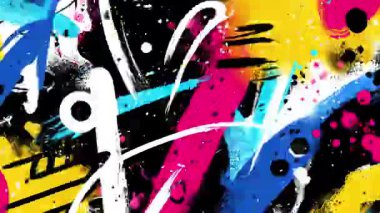 Yüksek kontrastlı duvar yazıları, soyut el çizimleri, renkli sokak sanatı arka planı, anlamlı grunge dokusu, çarpıcı şekilli kaotik şehir illüstrasyonu.