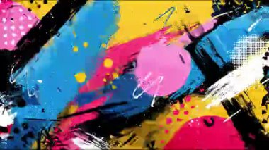 Soyut grafiti fırça darbeleri, renkli boya sıçramaları, kalın el çizimi şekilleri, kaba grunge dokusu, sokak sanatı tarzı arka plan, anlamlı akrilik vuruşlar, yüksek kontrastlı renkler, kaotik kompozisyon, soyut sanat esinlenilmiş şehir sanatı