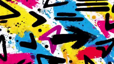 Soyut grafiti deseni, keskin oklar ve semboller, el çizimi boya şekilleri, sokak sanatı arka planı, grunge dokusu, kalın renk kontrastı, kaotik şehir kompozisyonu