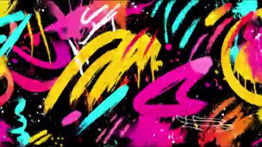 Renkli graffiti arka planı, neon boya darbeleri, el fırçası izleri, canlı sokak sanatı dokusu, kaotik soyut kompozisyon, koyu renk lekeleri, dışavurumcu tarzı