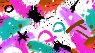 Soyut grafiti boya arka planı, renkli mürekkep lekeleri, el çizimi semboller, kaotik sokak sanatı kompozisyonu, etkileyici fırça dokuları, canlı boya lekeleri, modern kentsel sanatsal zemin