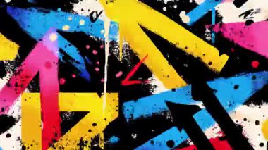 Dinamik fırça darbeleriyle soyut grafiti okları, koyu mavi ve pembe boya izleri, kaotik şehir sanatı geçmişi.