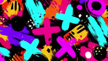 Soyut graffiti desenli arka plan, neon cyan pembesi sarı şekiller, siyah sıçrama dokusu, kaotik boya katmanlı kalın sokak sanat sembolleri.