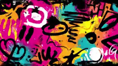 Renkli soyut duvar yazıları arka plan şekilleri, sarı turkuaz boya formları, siyah mürekkep aksanları, cesur anlamlı elementlere sahip oyuncu sokak sanatı dokusu.