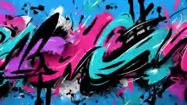 Soyut grafiti fırça darbeleri arka plan, kalın cyan ve pembe boya girdapları, siyah mürekkep lekeleri, anlamlı sokak sanatı dokusu, enerjik el boyası hareketi, kentsel soyut sanat yüzeyi