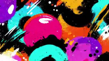 Soyut duvar yazıları, renkli boya çemberleri, kalın fırça izleri, anlamlı sokak sanatı dokusu, canlı kentsel grunge kompozisyonu.