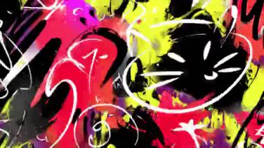 Soyut grafiti boyası arka plan, el çizimi gülümseme yüzler, oyuncu sokak sanatları sembolleri, kalın fırça darbeleri, renkli kentsel grunge dokusu