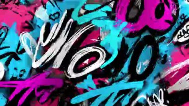 Graffiti el yazısı karalamaları, katmanlı sokak sanat etiketleri, anlamlı el yazmaları, kaotik kentsel boya dokusu, koyu renkli soyut kompozisyon.