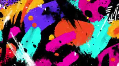 Kalın graffiti fırça darbeleri, siyah arka planda neon boya lekeleri, anlamlı sokak sanatı dokusu, renkli akrilik izler, yüksek kontrast şehir kompozisyonu