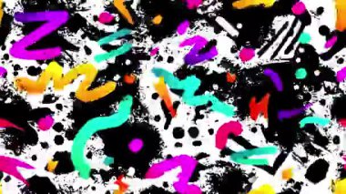 Renkli graffiti zigzag deseni, soyut çizgi film vuruşları, neon karalamalar, kaotik sokak sanatı dokusu, kalın boya sıçramaları, beyaz arkaplanda oyuncu el çizimleri.