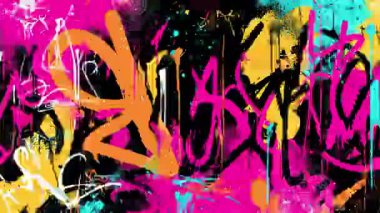 Canlı grafiti etiketleri ve semboller, neon pembesi siyah boya lekeleri, kaotik sokak sanatı harfleri, çarpıcı şehir dokusu.