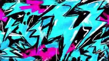 Elektrik soyut zigzag arkaplan, keskin grafiti vuruşları, neon cyan pembe siyah şekiller, agresif çizgi film tarzı desen, yüksek enerji boya dokusu, dinamik şehir sanat arkaplanı