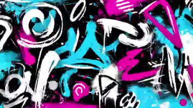 Soyut graffiti harfleri arka plan, anlamlı el çizimleri, neon cyan ve pembe boya darbeleri, kaotik şehir kaligrafisi, sokak sanatı dokusu, siyah yüzey üzerinde dinamik fırça hareketi