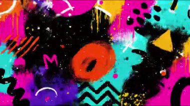 Soyut grafiti sembolleri ve zikzaklar, el çizimi sokak sanatı arka planı, grunge dokusu, oyuncu şehir işaretleri, renkli boya şekilleri, anlamlı kompozisyon