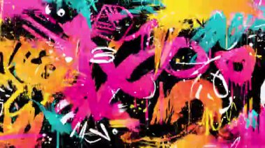 Kaotik boya sembolleri, pembe haç işareti, sarı ve turuncu boya katmanları, siyah lekeler, kaba grunge dokusu, anlamlı sokak sanatı kompozisyonu, enerjik şehir yüzeyi.