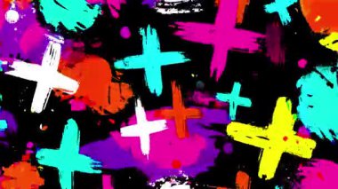 Renkli haç şekilli soyut graffiti arka planı, artı semboller, siyah boyalı yüzey, kaba grunge dokusu, dışavurumcu sokak sanatı tarzı, canlı boya kontrastı, kaotik şehir arkaplanı