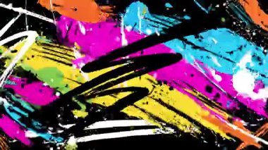 Soyut duvar yazıları, köşegen sarı ve pembe vuruşlar, siyah taban, beyaz boya çizikleri, kaba grunge dokusu, dinamik sokak sanatı tarzı, dışavurumsal fırça hareketi, cesur kentsel yüzey