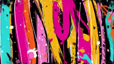 Dikey fırça darbelerine sahip soyut boya arka planı, sarı ve pembe boya akışları, siyah desenli taban, kaba grunge yüzey, anlamlı sokak sanatı tarzı, canlı renk kontrastı, boyalı sanatsal zemin