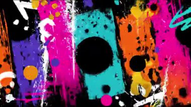 Dikey boya çizgileri, siyah dairesel şekiller, pembe turuncu turkuaz sütunlar, pürüzlü fırça dokusu, kirli grunge yüzeyi, sokak sanatı kompozisyonu, dışavurumcu boyalı arkaplan