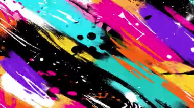 Çapraz fırça izleri, siyah merkez alan, turkuaz ve turuncu boya çizgileri, beyaz lekeler, kaba grunge dokusu, anlamlı grafiti tarzı, dinamik boyalı yüzey