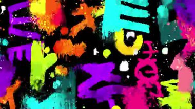 Graffiti harf şekilleri, soyut semboller, renkli el çizimi sokak sanatı desenleri, boya lekeleri, cesur, 2B ifade edici arka plan