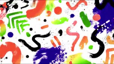 El çizimi soyut desen, renkli karalamalar, boya lekeleri, oyuncu şekiller, fırça darbeleri, canlı graffiti tarzı arka plan, sanatsal 2D illüstrasyon