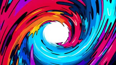 Beyaz merkezli çok renkli spiral girdap, turuncu mavi girdaplı girdap, psikedelik çizgi film tarzı tünel hareketi, canlı 2D animasyon soyut girdap arka planı