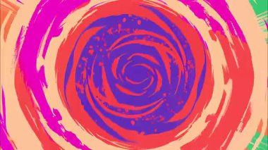Mor turuncu spiral girdap tüneli, karikatür tarzı 2d animasyon girdabı, elle boyanmış halkalar, psikedelik soyut dönüş arka planı, kalın grafik konsantre spiral merkezi.