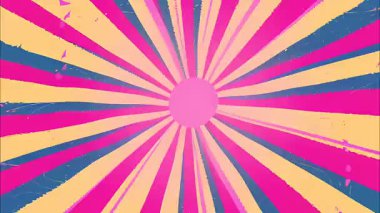 Çok renkli radyal patlama arka plan, pembe mavi çizgili ışınlar, retro saykodelik güneş patlaması, dinamik enerjili klasik sıkıntılı doku soyut animasyonu