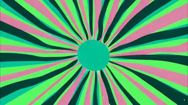 Yeşil radyal patlama arka plan, koyu yeşil göktaşı merkezi yıldız, retro güneş ışınları patlaması, psikedelik çizgili ışın deseni, el boyası soyut çizgi animasyon.