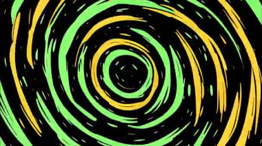 Siyah yeşil turuncu spiral girdap, kaba el boyalı girdap arka plan, kalın psikedelik çizgi film rotasyonu, yüksek kontrast soyut hareket