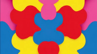 Organik kütle bileşimi, katmanlı akış şekilleri kırmızı mavi pembe, pürüzsüz eğriler ve simetri, kalın düz renk animasyon arkaplanı