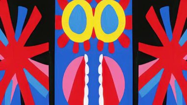 Gerçeküstü kabile maskesi deseni, oval gözlü çizgi film karakterleri, sarı yıldız şekilleri, kırmızı mavi geometrik simetri, etnik süslemeli 2D tasarım, kalın düz renkler, psikedelik dekoratif arka plan