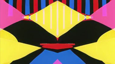 Siyah zemin üzerinde kırmızı ve mavi katmanlı simetrik sarı yıldız patlaması, kalın geometrik karikatür deseni, sürreal etnik esinlenilmiş 2D soyut tasarım, canlı dekoratif kompozisyon