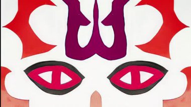 Kırmızı ve sarı soyut yüz motifi koyu çizgi film şekilleri, etnik ilhamlı simetrik süs, grafik kabile deseni, düz canlı 2D dekoratif animasyon