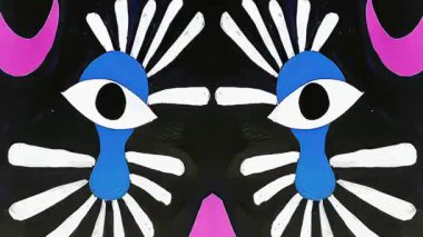 Kırmızı aksanlı siyah ve beyaz gerçeküstü simetrik yüz deseni, kabile maskesi tarzı geometri, kalın kontrast soyut süs, aynalı dekoratif kompozisyon, 2D grafik animasyondan esinlenilmiş etnik karikatür